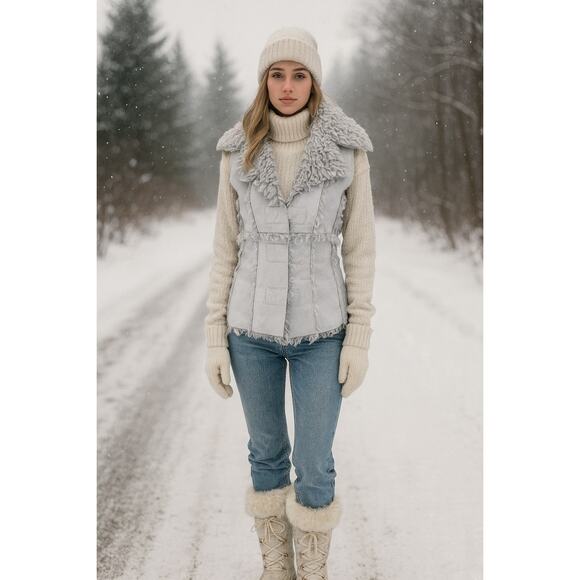 Bebe Y2K Faux Shearling Vest XS Gray Shaggy Fur Trim Penny Lane Winter Coquette - Picture 1 of 10
